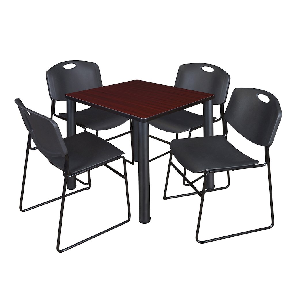 30 Square Breakroom Table- Mahogany Top, Black Legs, 4 Zeng Stack Chairs- Black. Picture 1