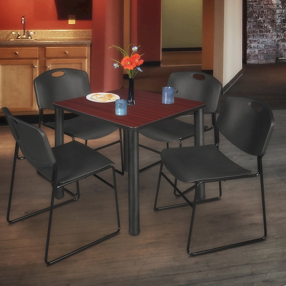 30 Square Breakroom Table- Mahogany Top, Black Legs, 4 Zeng Stack Chairs- Black. Picture 7
