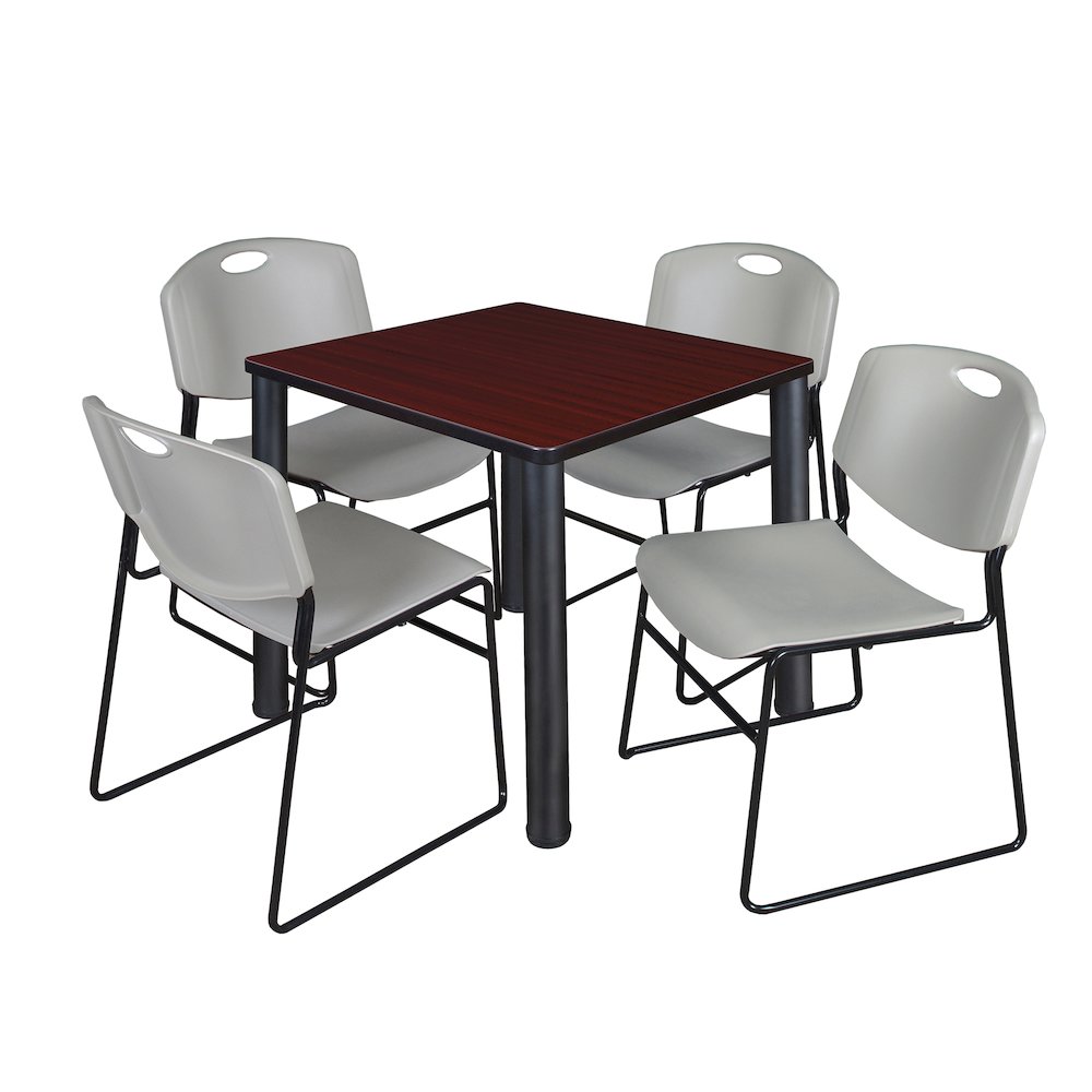 30 Square Breakroom Table- Mahogany Top, Black Legs, 4 Zeng Stack Chairs- Grey. Picture 1