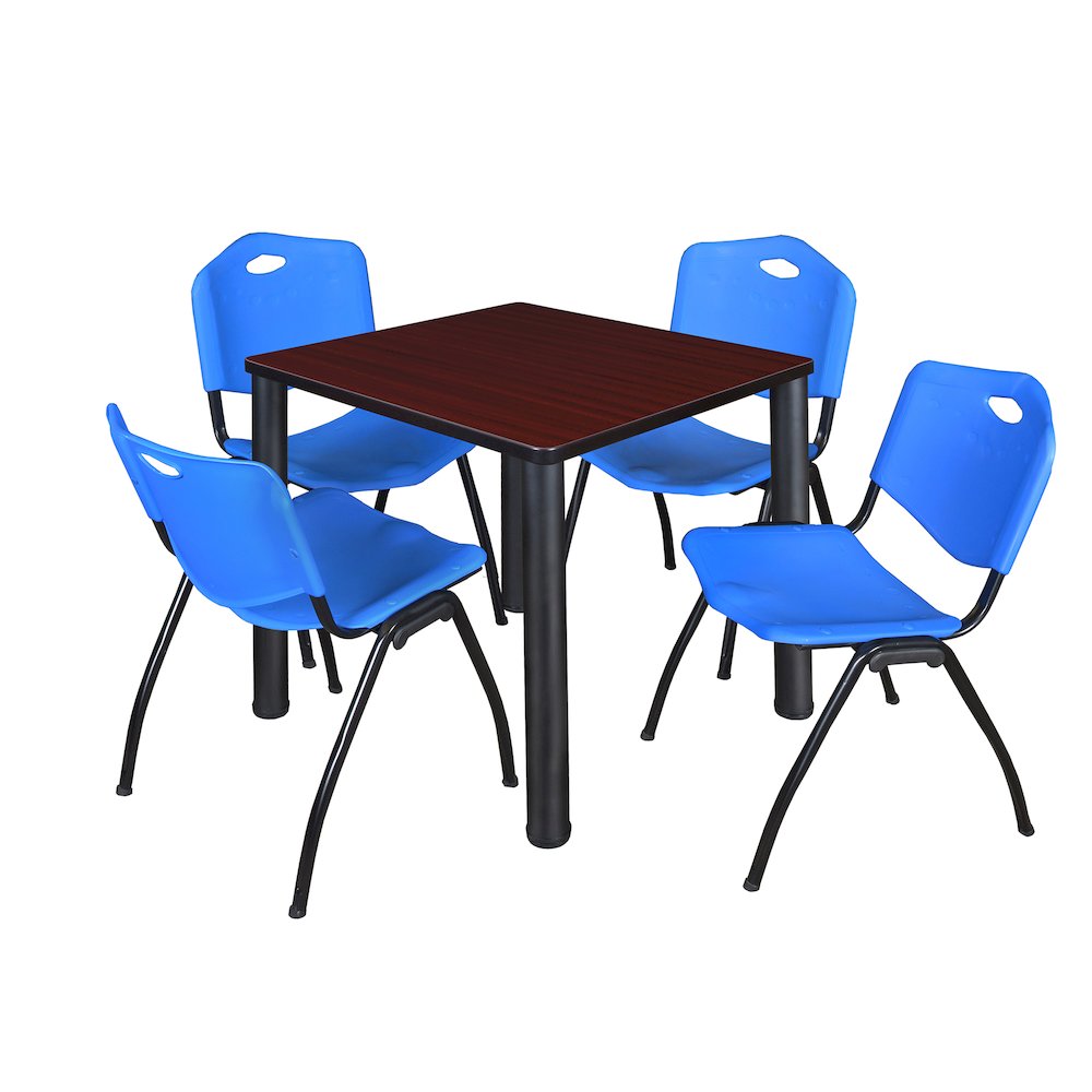 30 in Square Breakroom Table- Mahogany Top, Black Legs, 4 M Stack Chairs- Blue. Picture 1