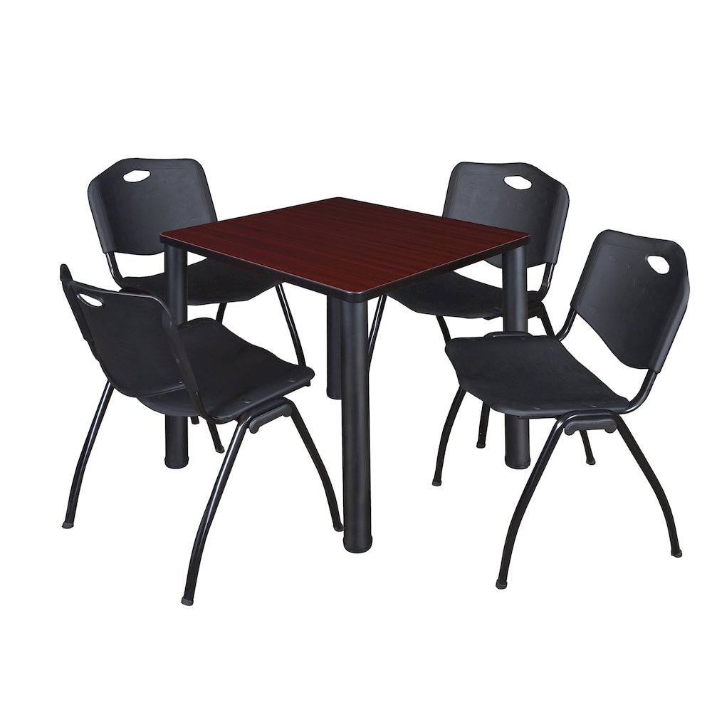 30 in Square Breakroom Table- Mahogany Top, Black Legs, 4 M Stack Chairs- Black. Picture 1