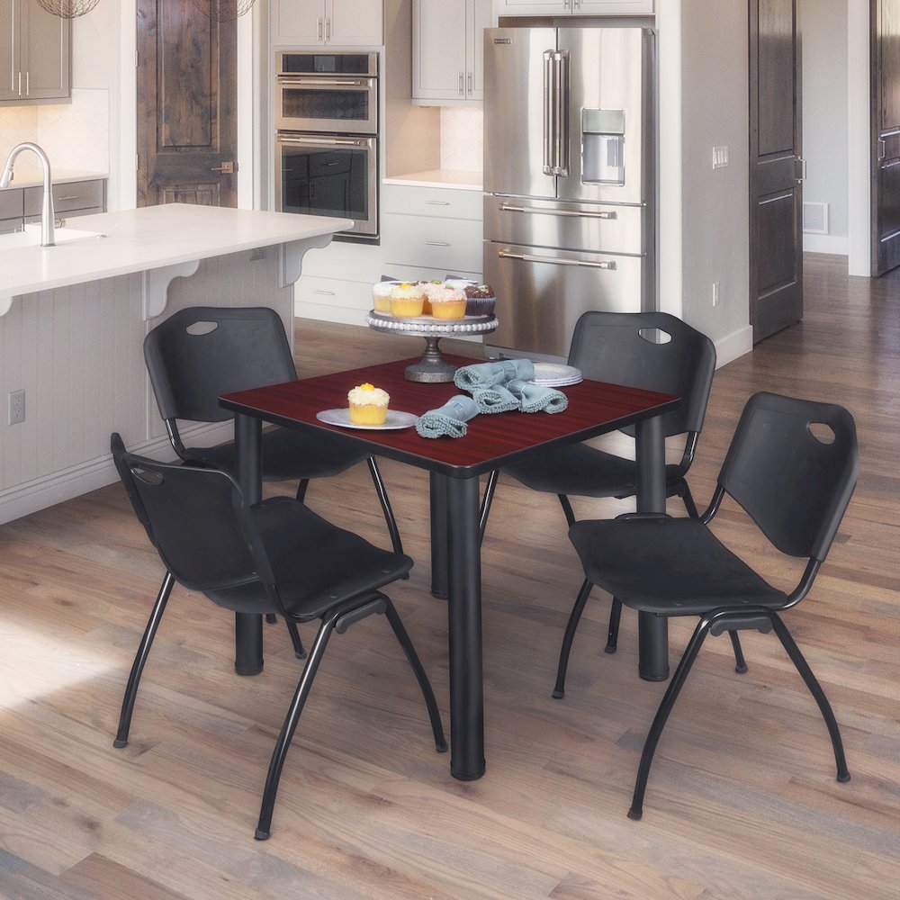 30 in Square Breakroom Table- Mahogany Top, Black Legs, 4 M Stack Chairs- Black. Picture 7