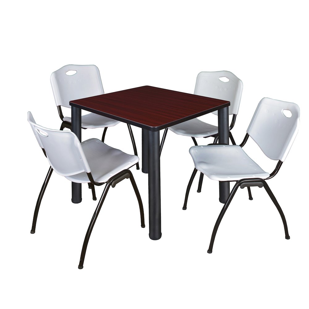 30 in Square Breakroom Table- Mahogany Top, Black Legs, 4 M Stack Chairs- Grey. Picture 1