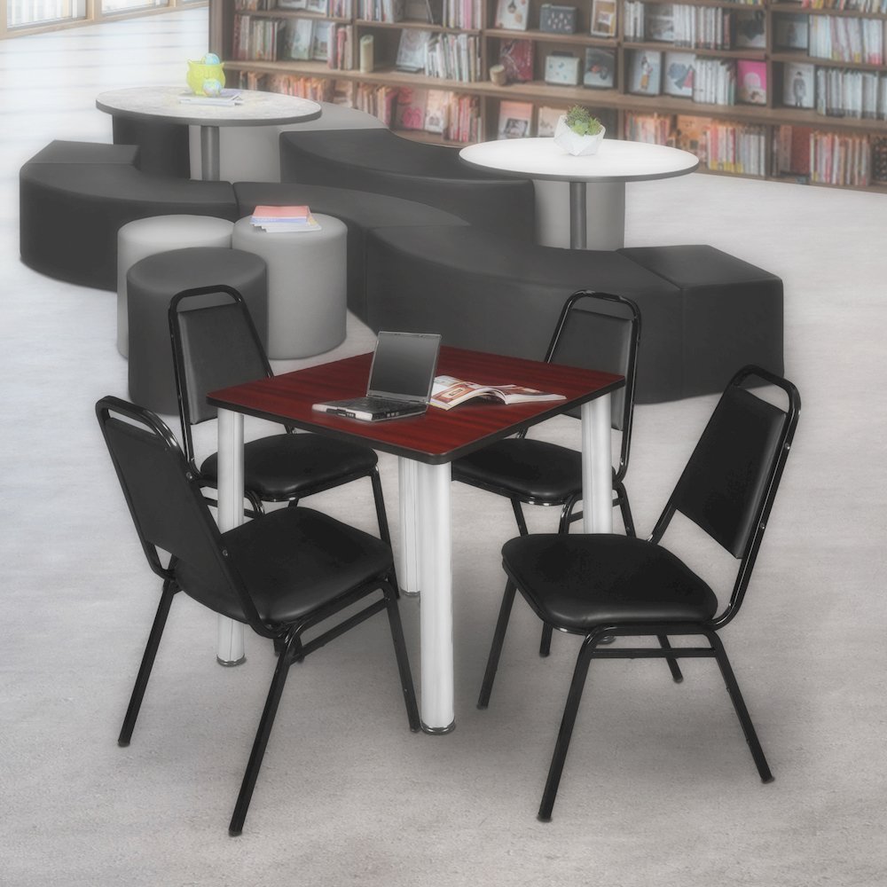 30 Square Breakroom Table- Mahogany Top, Chrome Legs, 4 Restaurant Stack Chairs. Picture 7