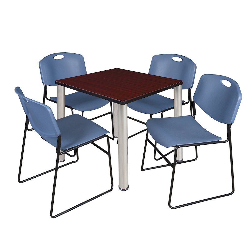 30 Square Breakroom Table- Mahogany Top, Chrome Legs, 4 Zeng Stack Chairs- Blue. Picture 1