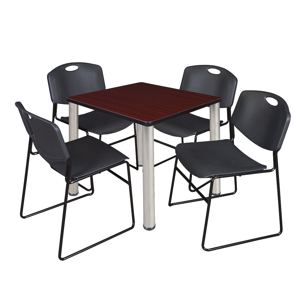 30 Square Breakroom Table- Mahogany Top, Chrome Legs, 4 Zeng Stack Chairs- Black. Picture 1