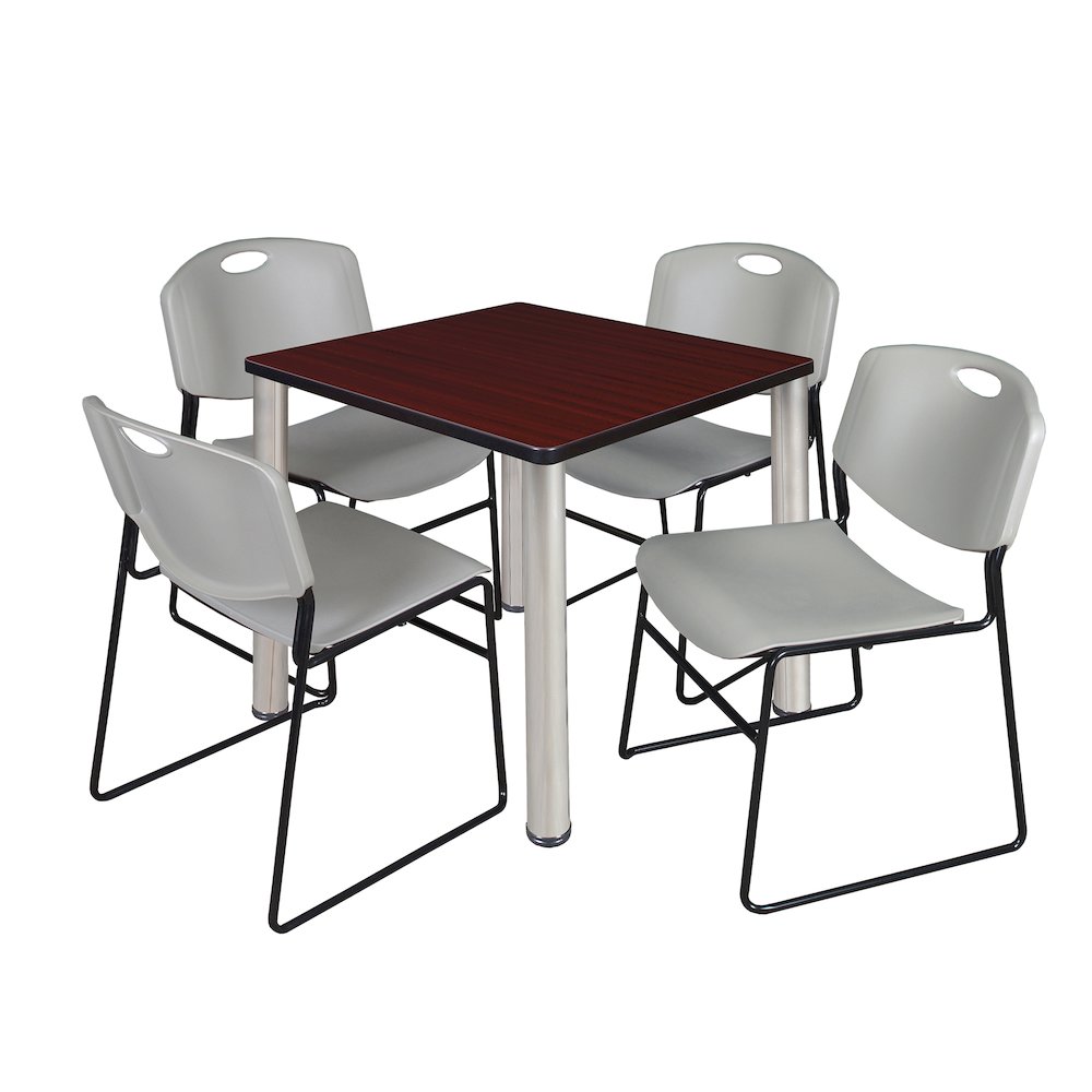 30 Square Breakroom Table- Mahogany Top, Chrome Legs, 4 Zeng Stack Chairs- Grey. Picture 1