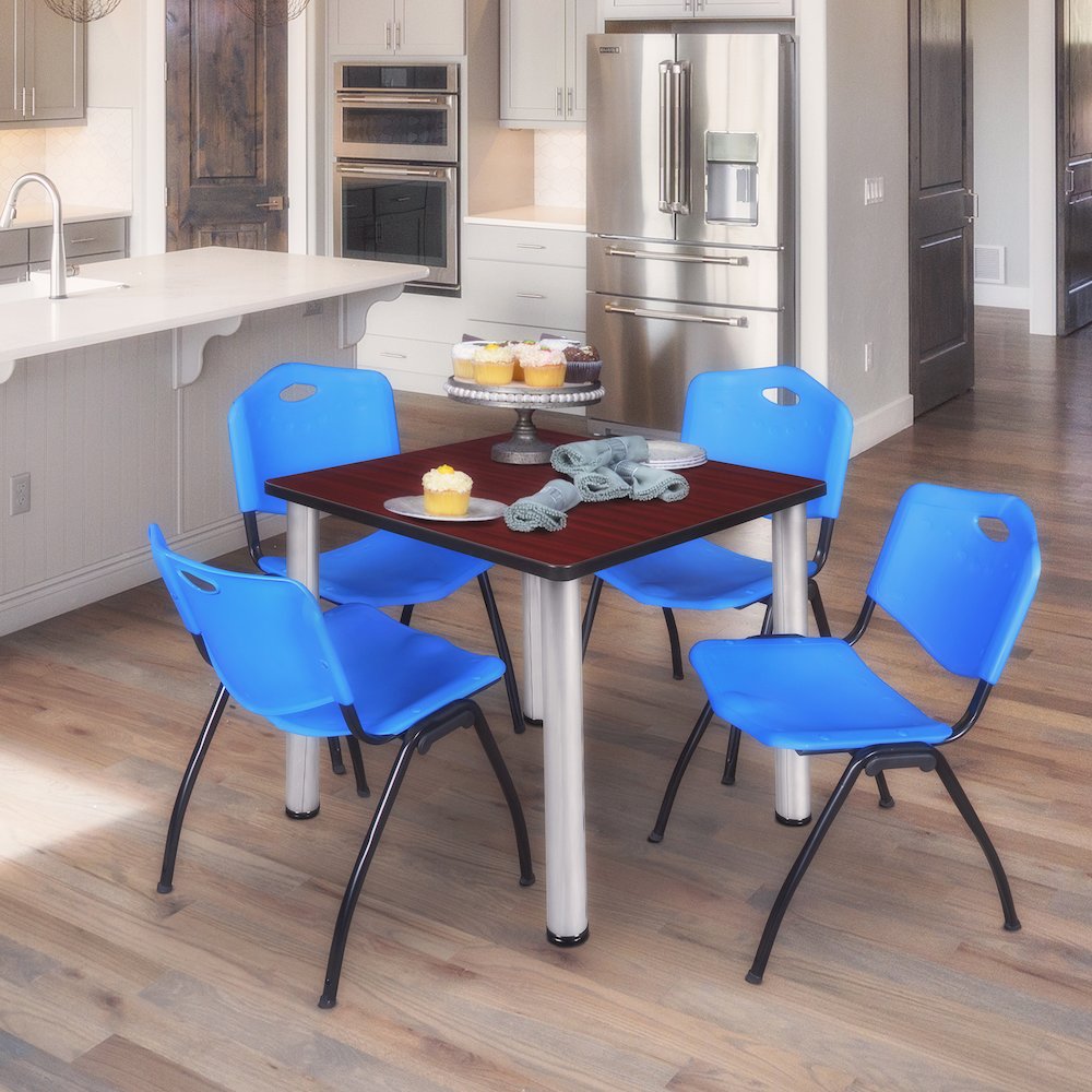 30 in Square Breakroom Table- Mahogany Top, Chrome Legs, 4 M Stack Chairs- Blue. Picture 7