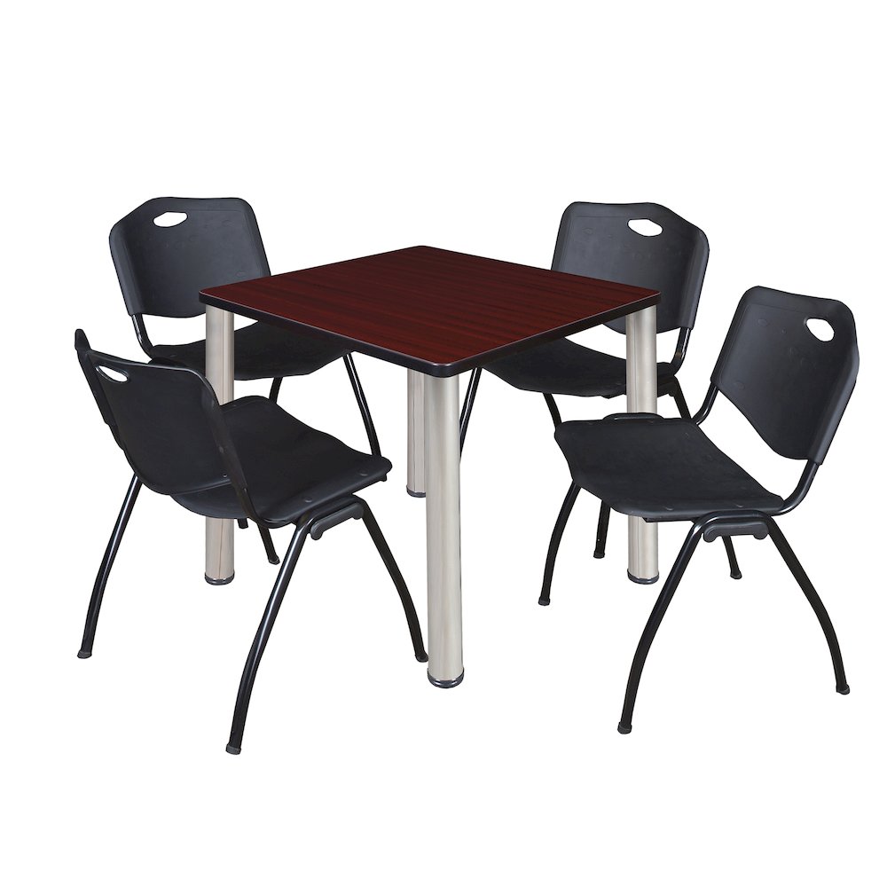 30 in Square Breakroom Table- Mahogany Top, Chrome Legs, 4 M Stack Chairs- Black. Picture 1