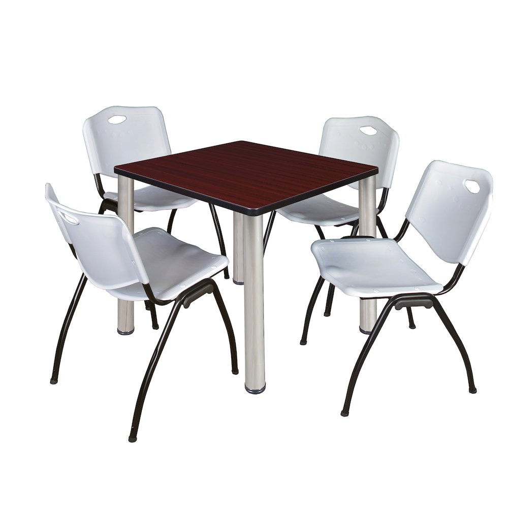 30 in Square Breakroom Table- Mahogany Top, Chrome Legs, 4 M Stack Chairs- Grey. Picture 1