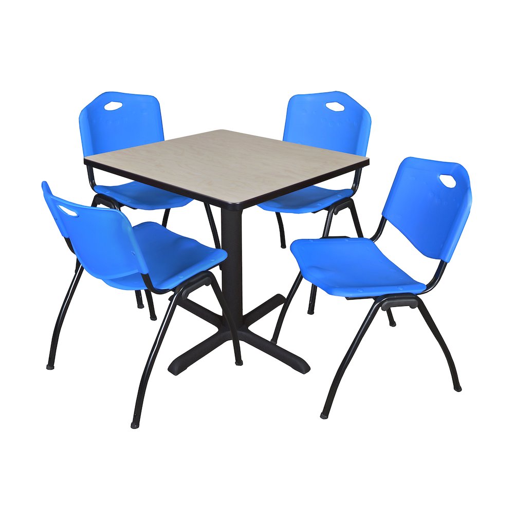 Small 30 in. Square X-Base Breakroom Table- Maple & 4 M Stack Chairs- Blue. Picture 1
