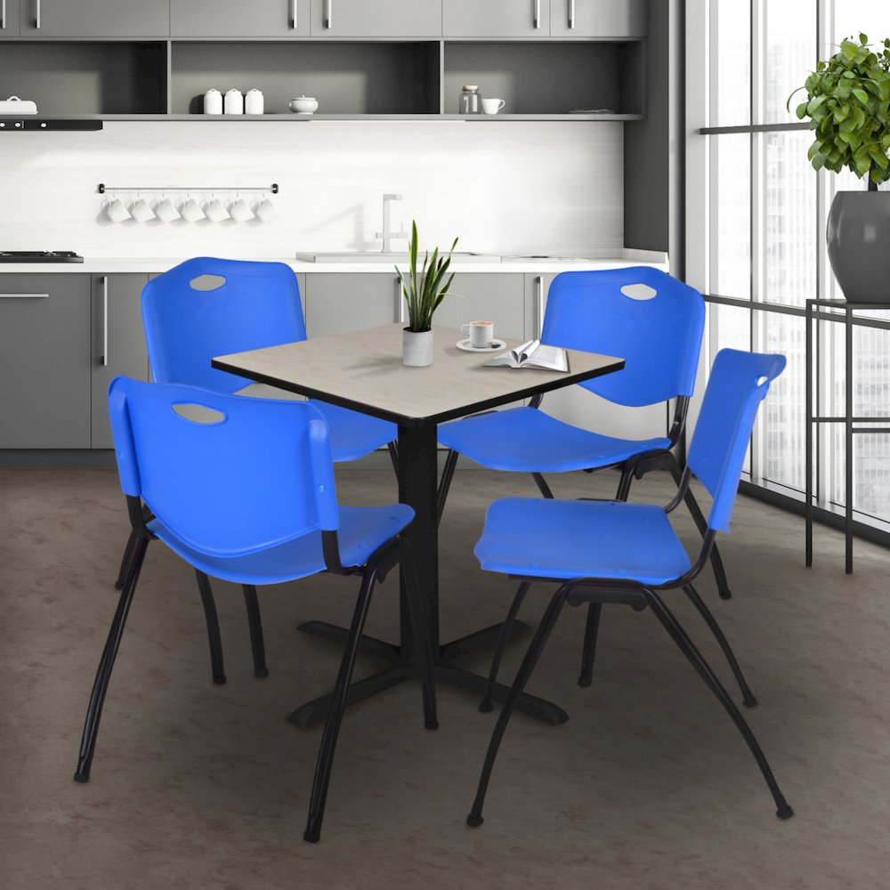 Small 30 in. Square X-Base Breakroom Table- Maple & 4 M Stack Chairs- Blue. Picture 9