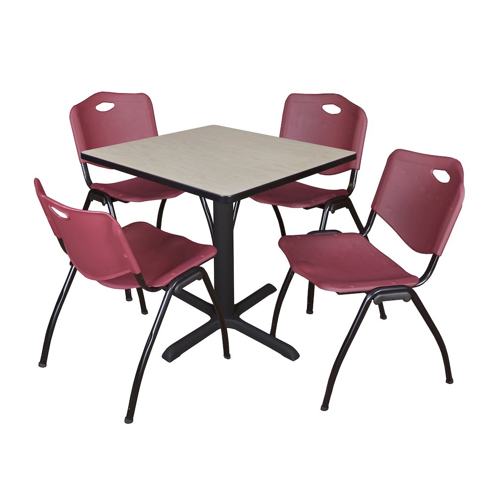 Small 30 in. Square X-Base Breakroom Table- Maple & 4 M Stack Chairs- Burgundy. Picture 1