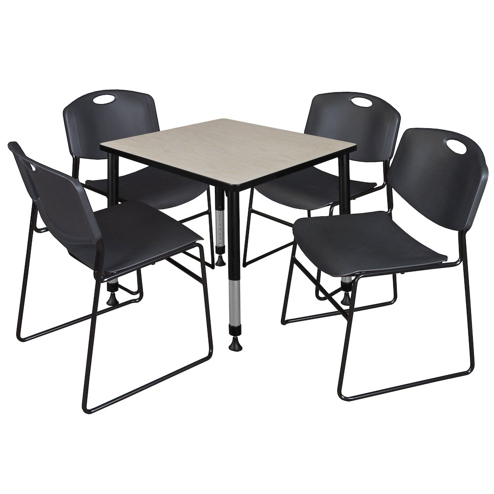 30 in. Square Adjustable Classroom Table- Maple & 4 Zeng Stack Chairs- Black. Picture 1