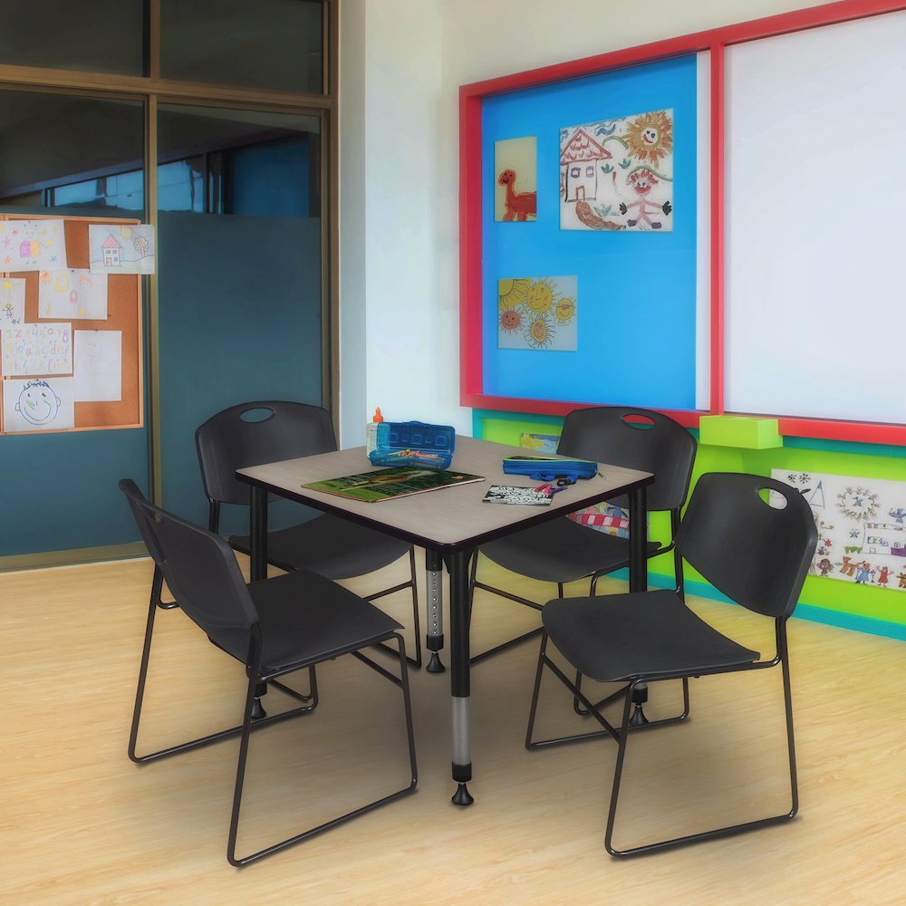 30 in. Square Adjustable Classroom Table- Maple & 4 Zeng Stack Chairs- Black. Picture 7