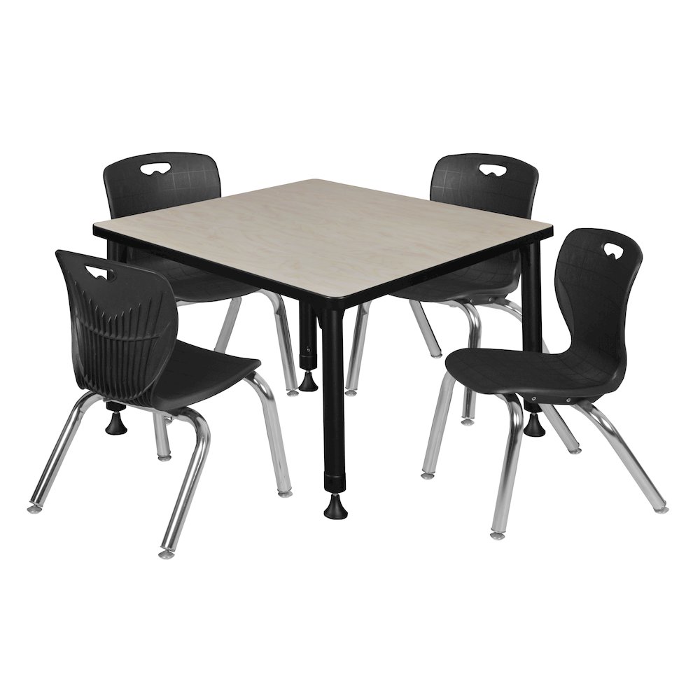 30 Square Adjustable Classroom Table- Maple & 4 Andy 12 Stack Chairs- Black. Picture 1