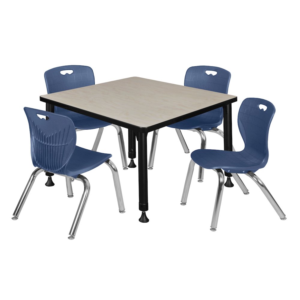 30 Square Adjustable Classroom Table- Maple & 4 Andy 12 Stack Chairs- Blue. Picture 1