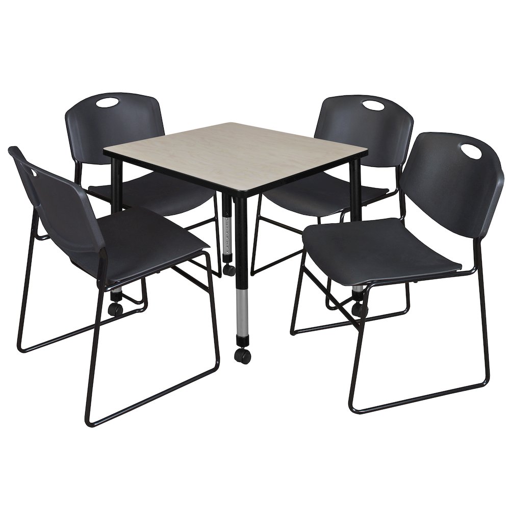 30 Square Mobile Adjustable Classroom Table- Maple & 4 Zeng Stack Chairs- Black. Picture 1