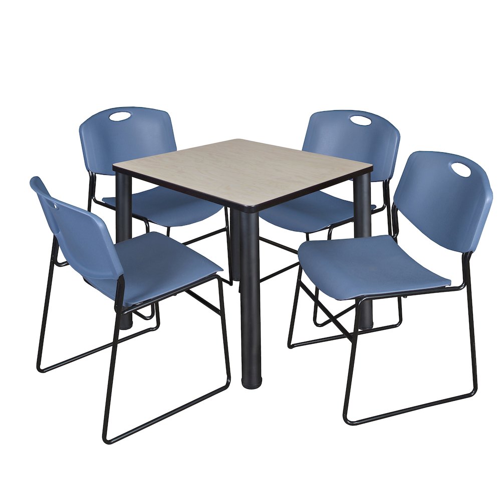 30 in Square Breakroom Table- Maple Top, Black Legs, 4 Zeng Stack Chairs- Blue. Picture 1