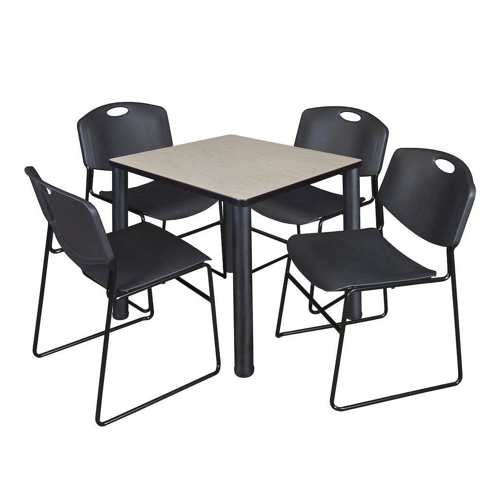30 in Square Breakroom Table- Maple Top, Black Legs, 4 Zeng Stack Chairs- Black. Picture 1