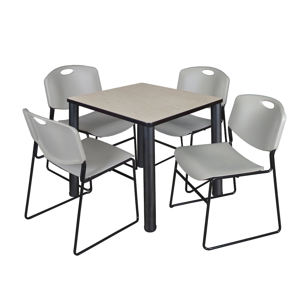 30 in Square Breakroom Table- Maple Top, Black Legs, 4 Zeng Stack Chairs- Grey. Picture 1