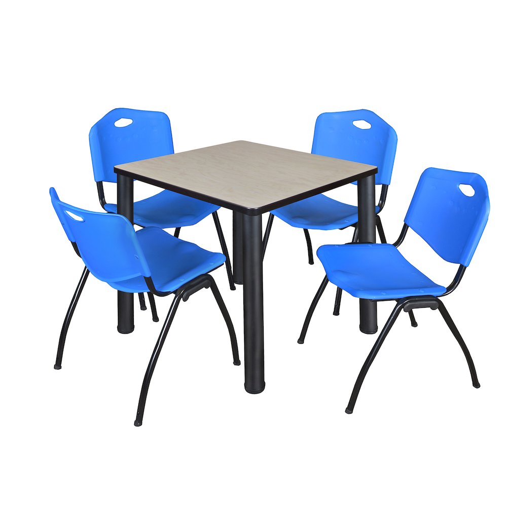 30 in Square Breakroom Table- Maple Top, Black Legs, 4 M Stack Chairs- Blue. Picture 1