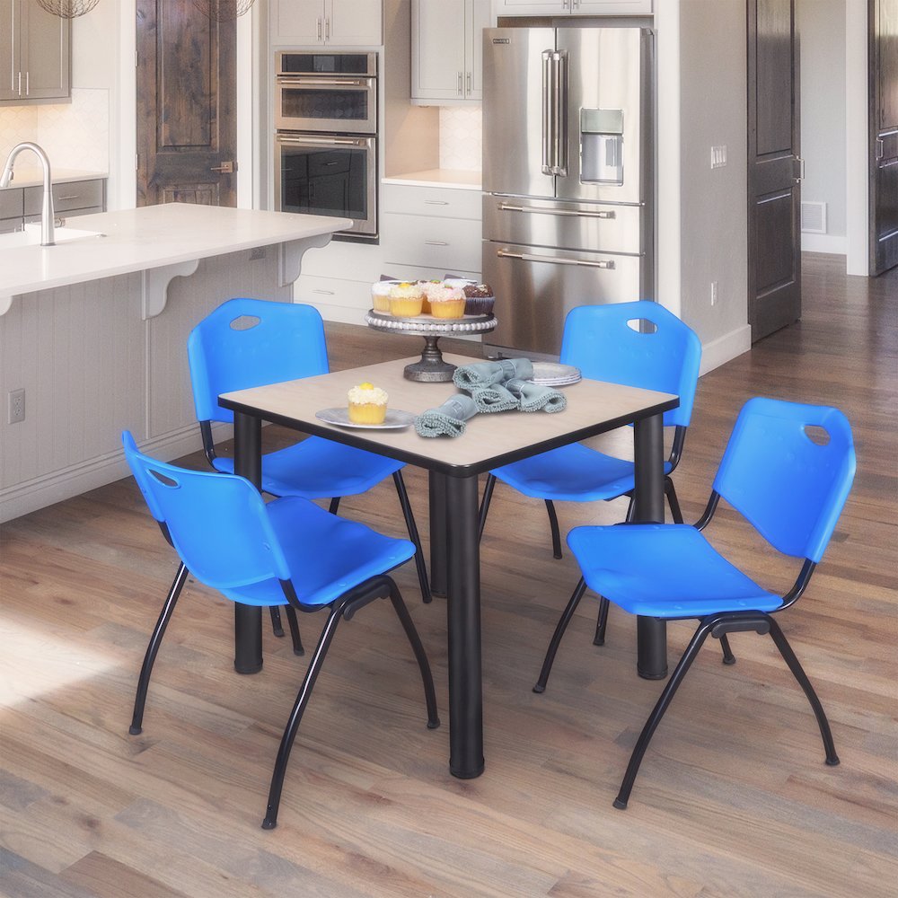 30 in Square Breakroom Table- Maple Top, Black Legs, 4 M Stack Chairs- Blue. Picture 7