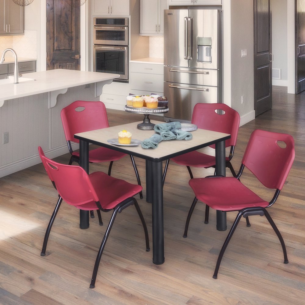 30 in Square Breakroom Table- Maple Top, Black Legs, 4 M Stack Chairs- Burgundy. Picture 7