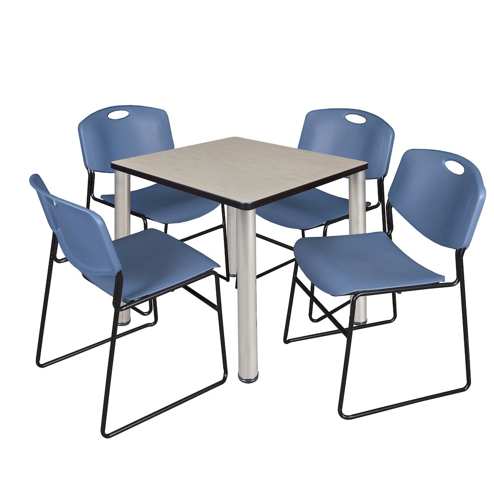 30 in Square Breakroom Table- Maple Top, Chrome Legs, 4 Zeng Stack Chairs- Blue. Picture 1