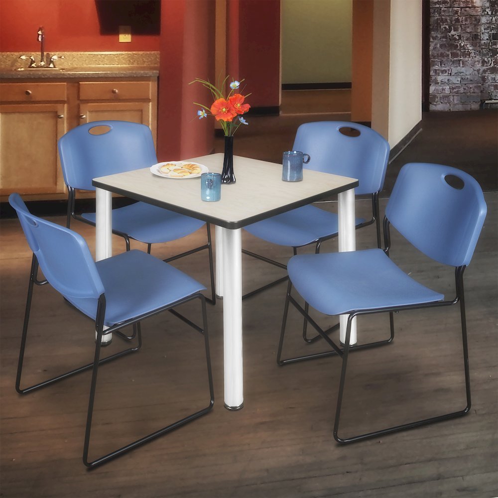 30 in Square Breakroom Table- Maple Top, Chrome Legs, 4 Zeng Stack Chairs- Blue. Picture 7