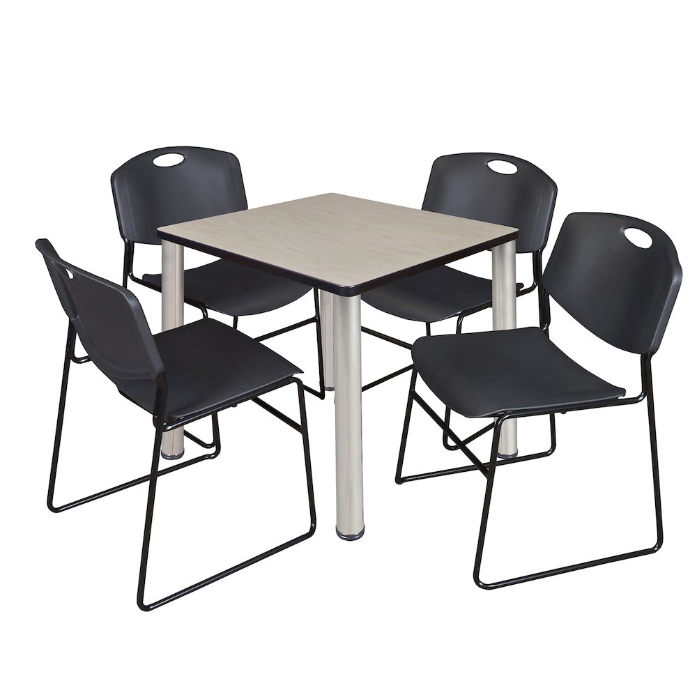 30 in Square Breakroom Table- Maple Top, Chrome Legs, 4 Zeng Stack Chairs- Black. Picture 1