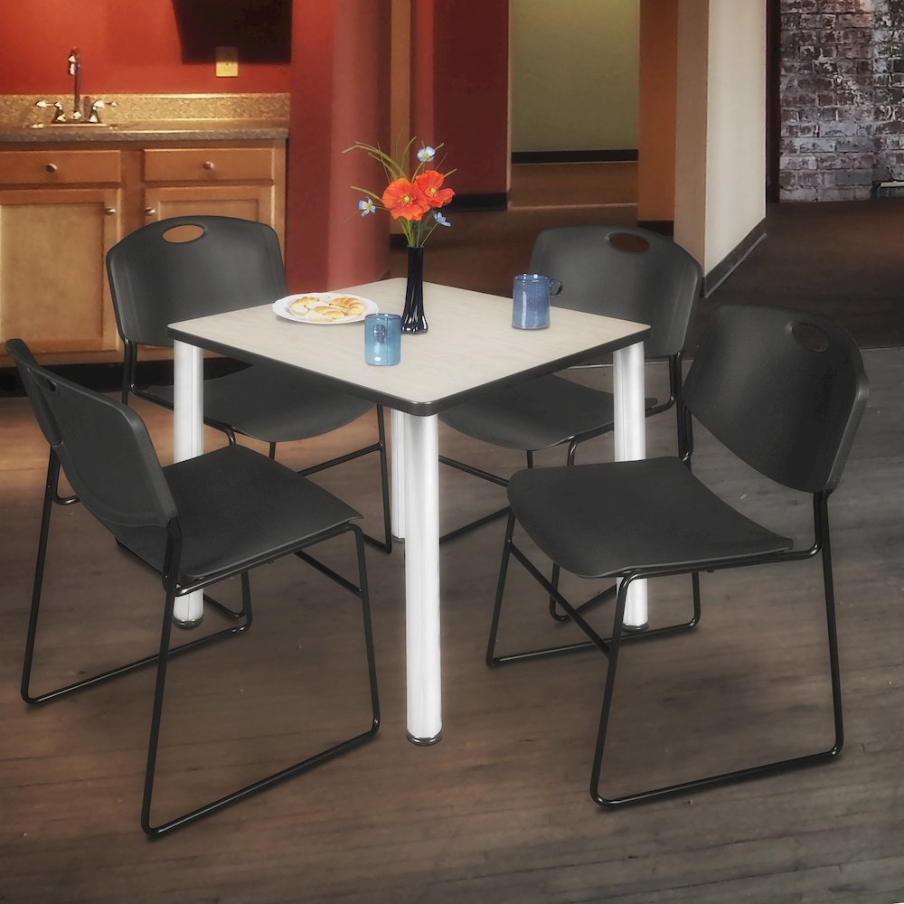 30 in Square Breakroom Table- Maple Top, Chrome Legs, 4 Zeng Stack Chairs- Black. Picture 7