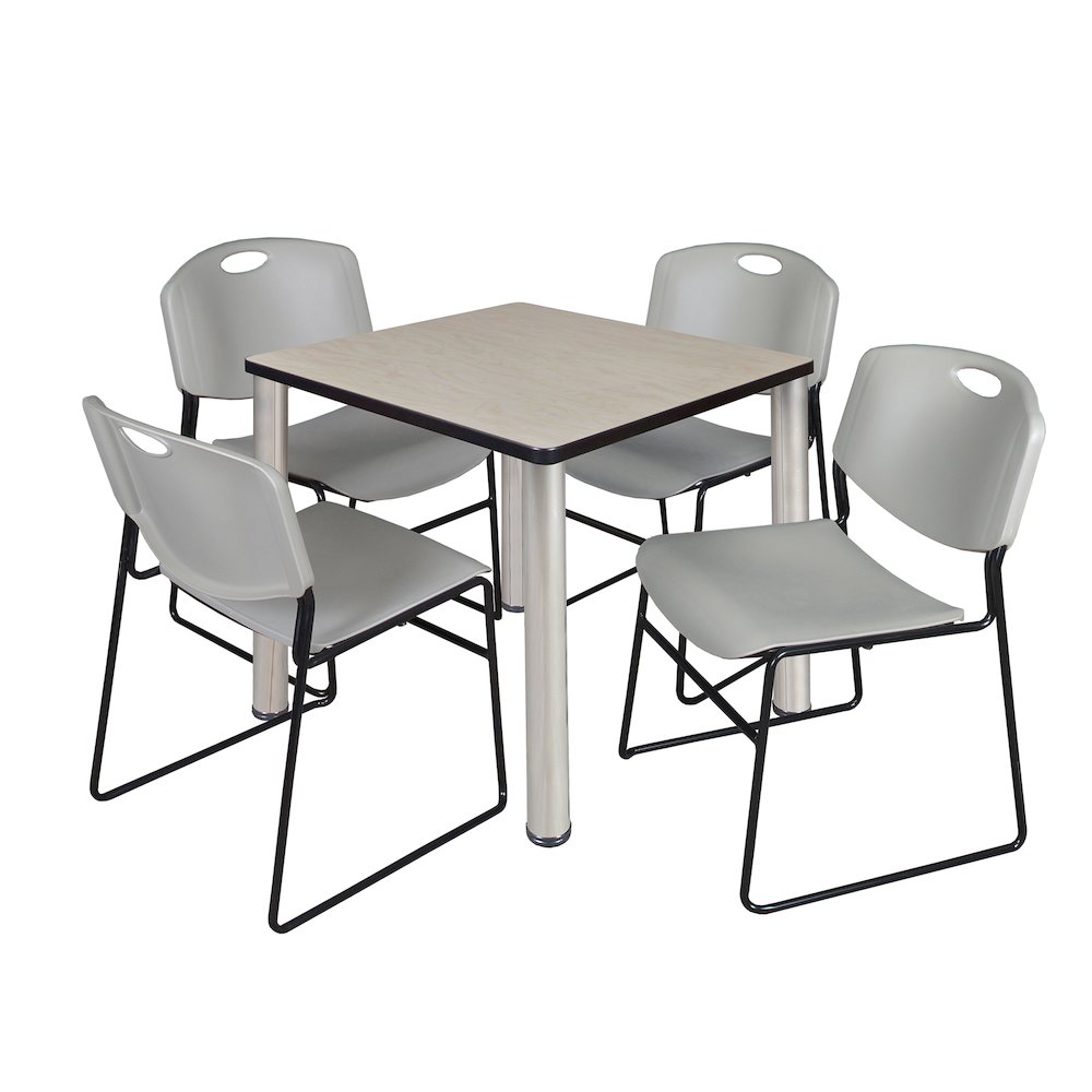 30 in Square Breakroom Table- Maple Top, Chrome Legs, 4 Zeng Stack Chairs- Grey. Picture 1