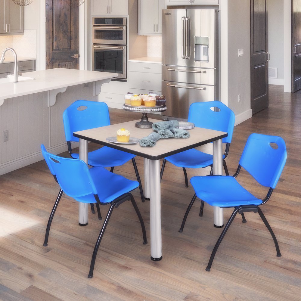 30 in Square Breakroom Table- Maple Top, Chrome Legs, 4 M Stack Chairs- Blue. Picture 7