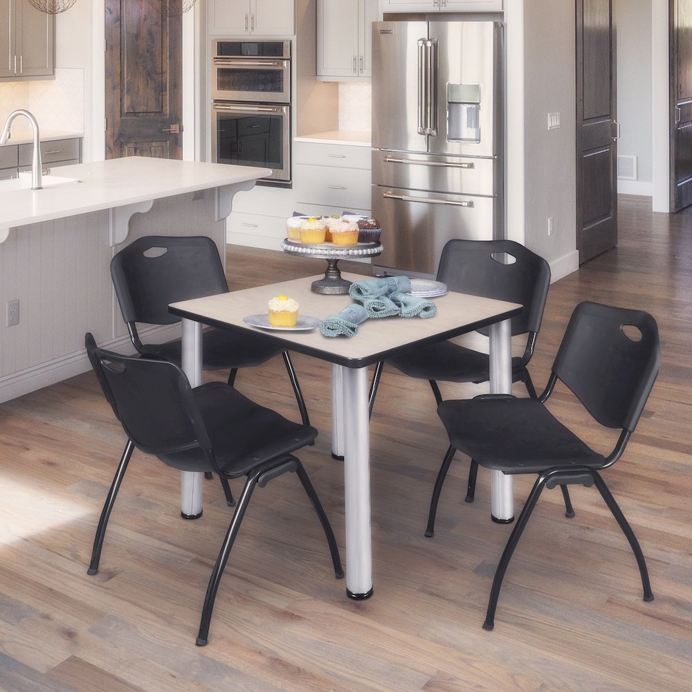 30 in Square Breakroom Table- Maple Top, Chrome Legs, 4 M Stack Chairs- Black. Picture 7