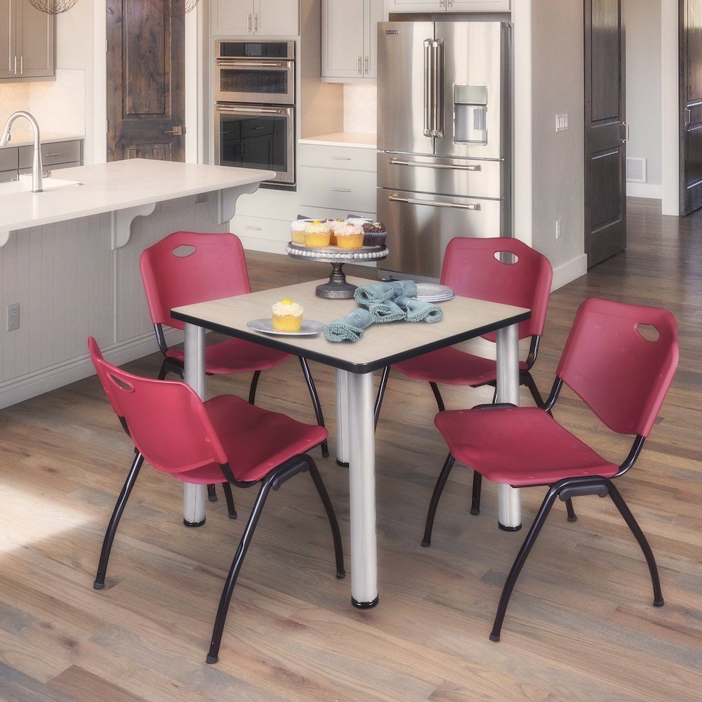 30 in Square Breakroom Table- Maple Top, Chrome Legs, 4 M Stack Chairs- Burgundy. Picture 7