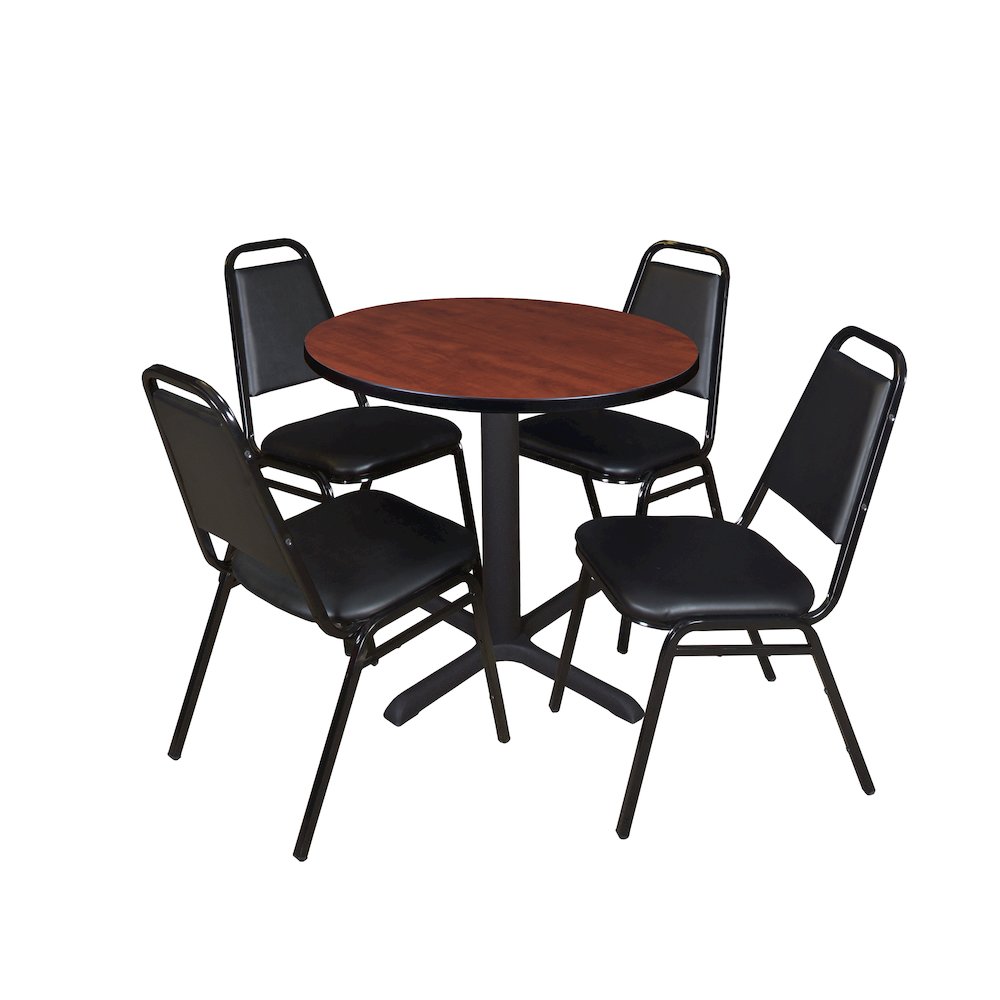Small 30 Round X-Base Breakroom Table- Cherry & 4 Restaurant Stack Chairs- Black. Picture 1