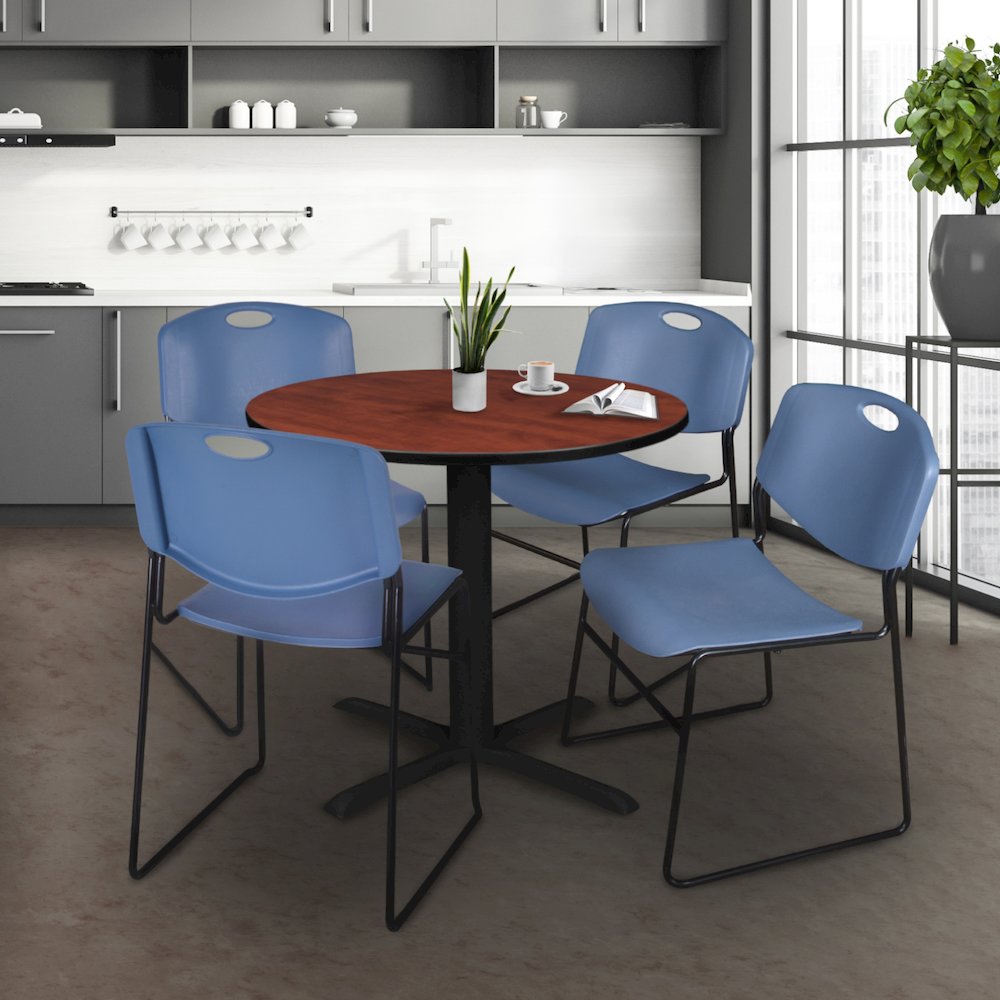 Small 30 in. Round X-Base Breakroom Table- Cherry & 4 Zeng Stack Chairs- Blue. Picture 8