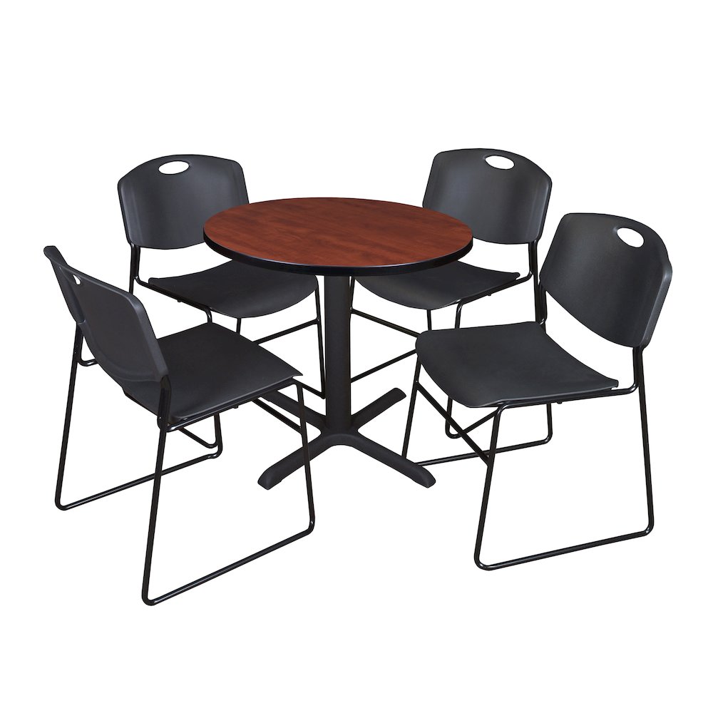 Small 30 in. Round X-Base Breakroom Table- Cherry & 4 Zeng Stack Chairs- Black. Picture 1
