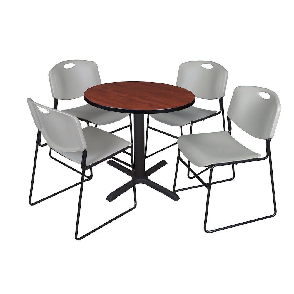 Small 30 in. Round X-Base Breakroom Table- Cherry & 4 Zeng Stack Chairs- Grey. Picture 1