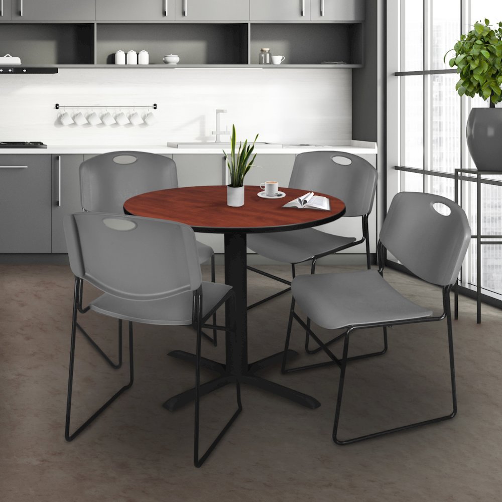 Small 30 in. Round X-Base Breakroom Table- Cherry & 4 Zeng Stack Chairs- Grey. Picture 8