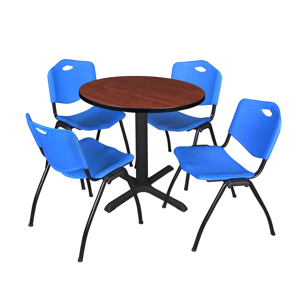 Small 30 in. Round X-Base Breakroom Table- Cherry & 4 M Stack Chairs- Blue. Picture 1