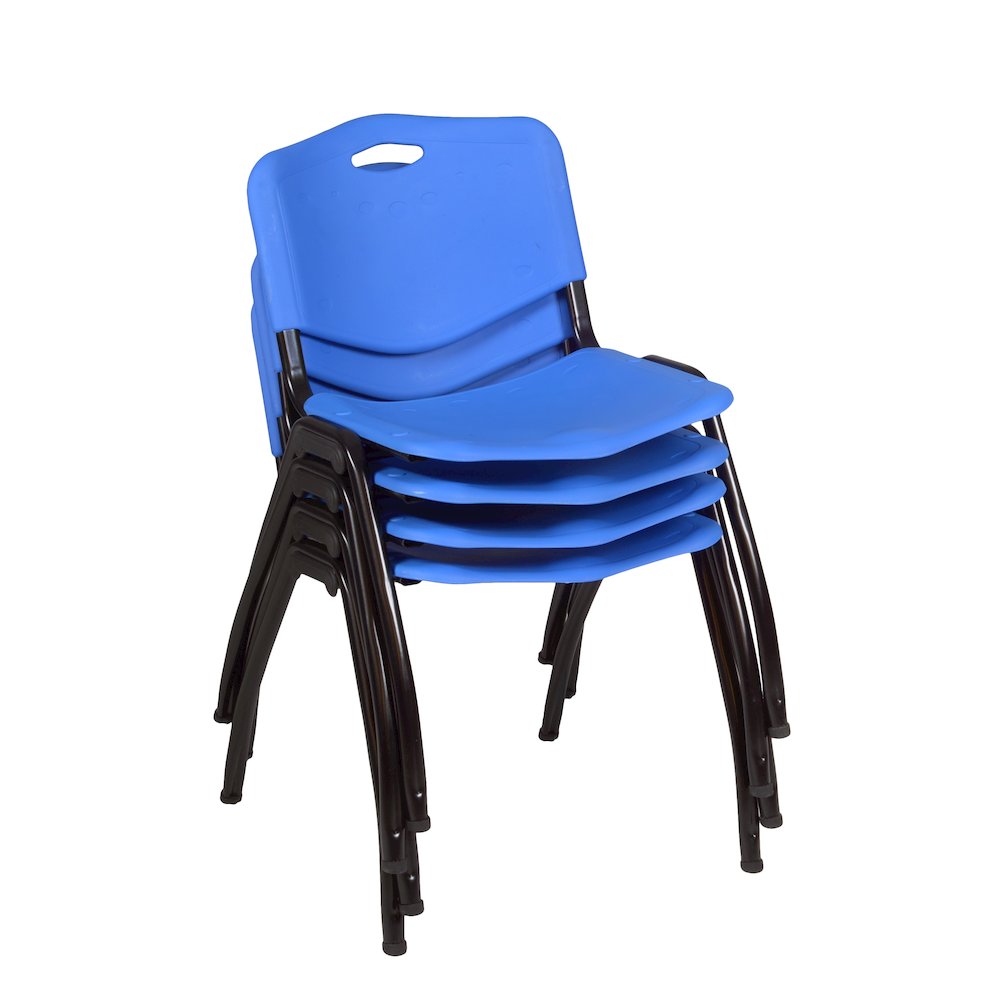 Small 30 in. Round X-Base Breakroom Table- Cherry & 4 M Stack Chairs- Blue. Picture 7