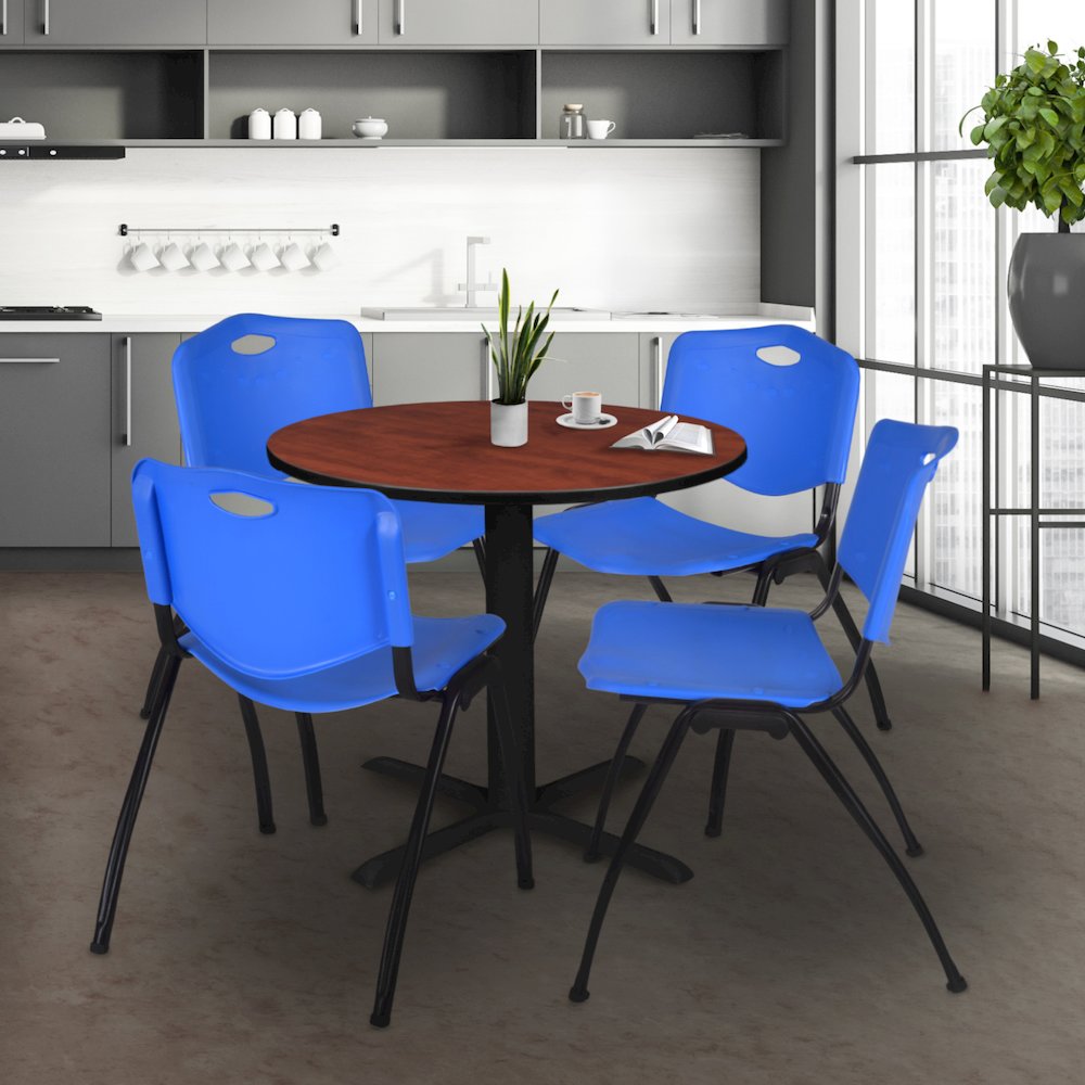 Small 30 in. Round X-Base Breakroom Table- Cherry & 4 M Stack Chairs- Blue. Picture 8