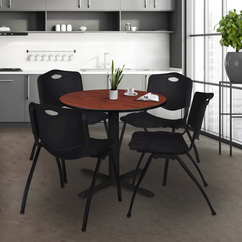 Small 30 in. Round X-Base Breakroom Table- Cherry & 4 M Stack Chairs- Black. Picture 8
