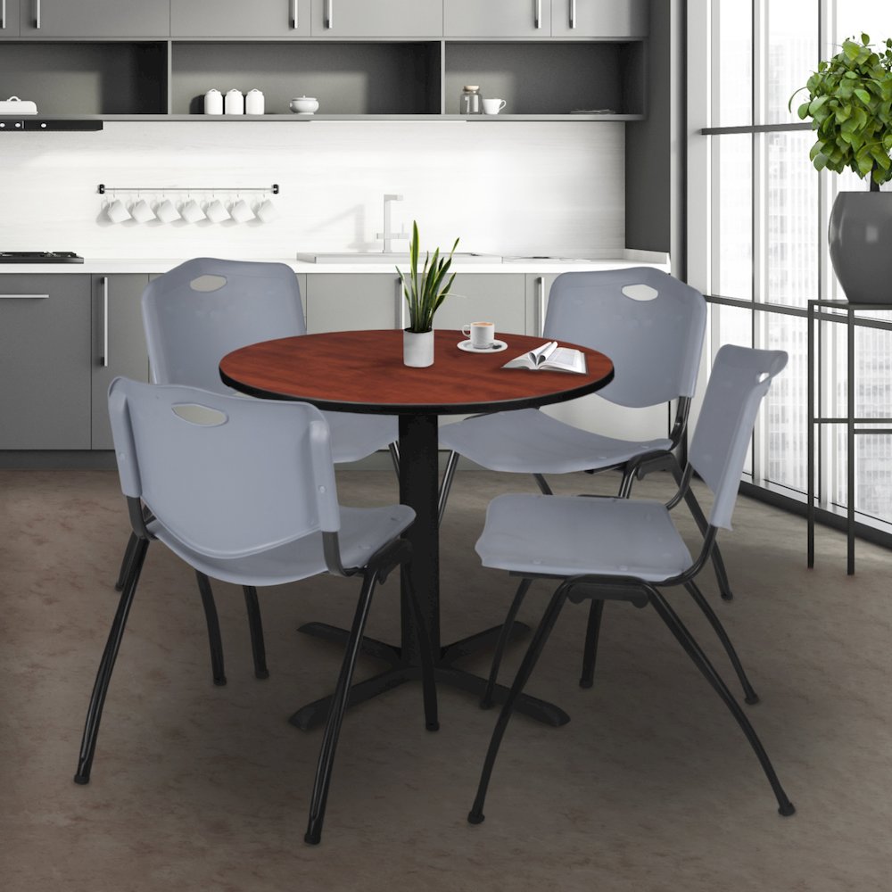 Small 30 in. Round X-Base Breakroom Table- Cherry & 4 M Stack Chairs- Grey. Picture 8