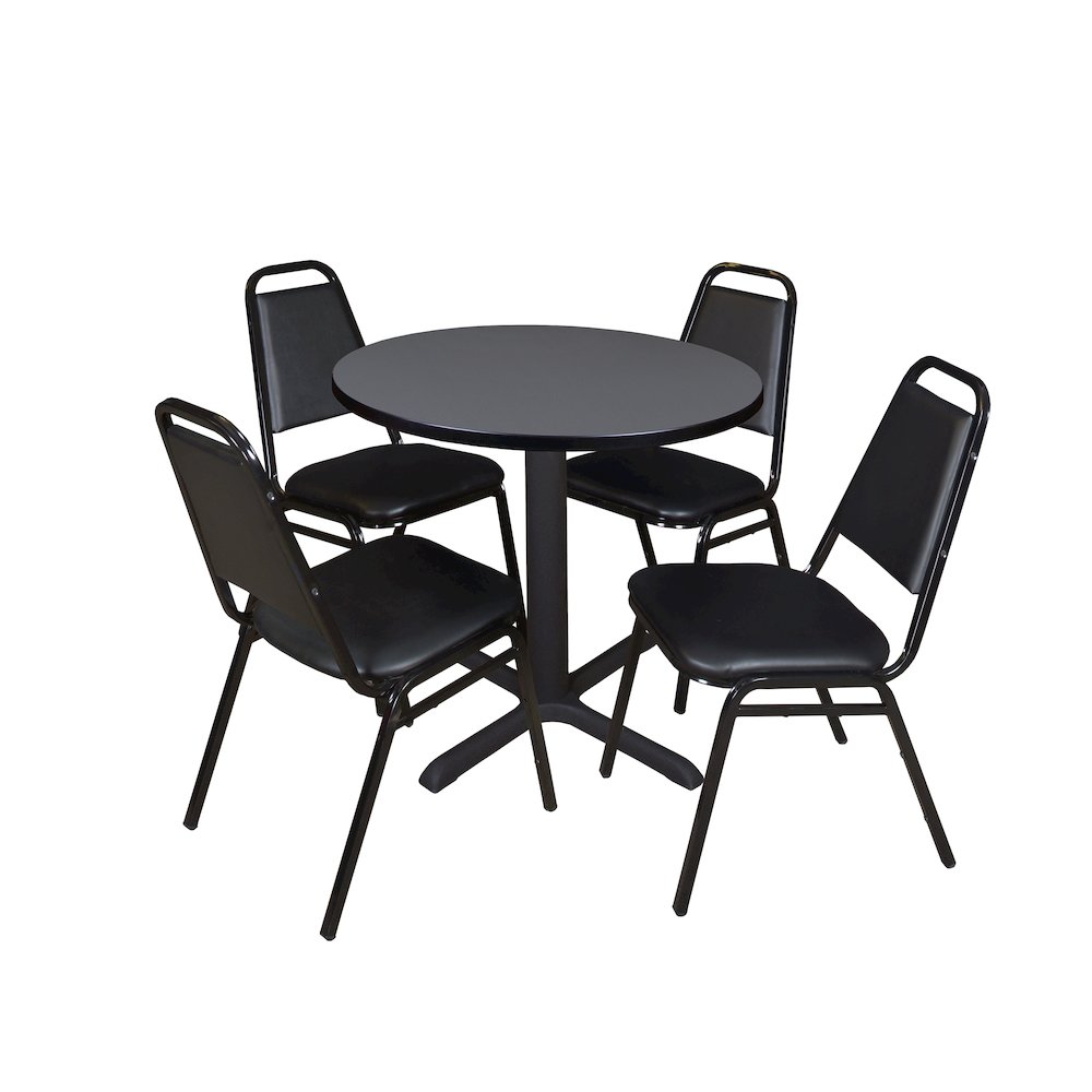 Small 30 Round X-Base Breakroom Table- Grey & 4 Restaurant Stack Chairs- Black. Picture 1
