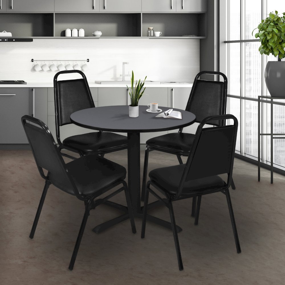 Small 30 Round X-Base Breakroom Table- Grey & 4 Restaurant Stack Chairs- Black. Picture 8