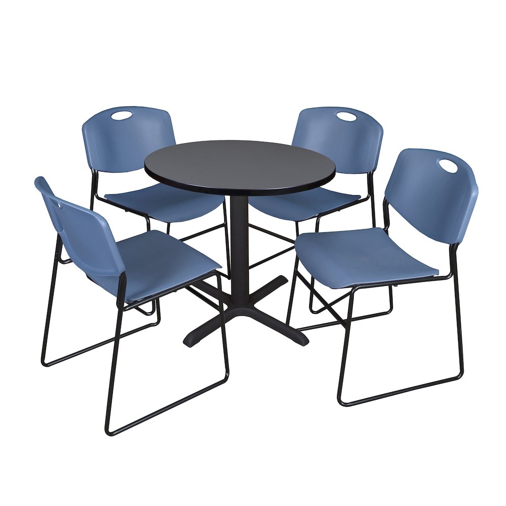 Small 30 in. Round X-Base Breakroom Table- Grey & 4 Zeng Stack Chairs- Blue. Picture 1