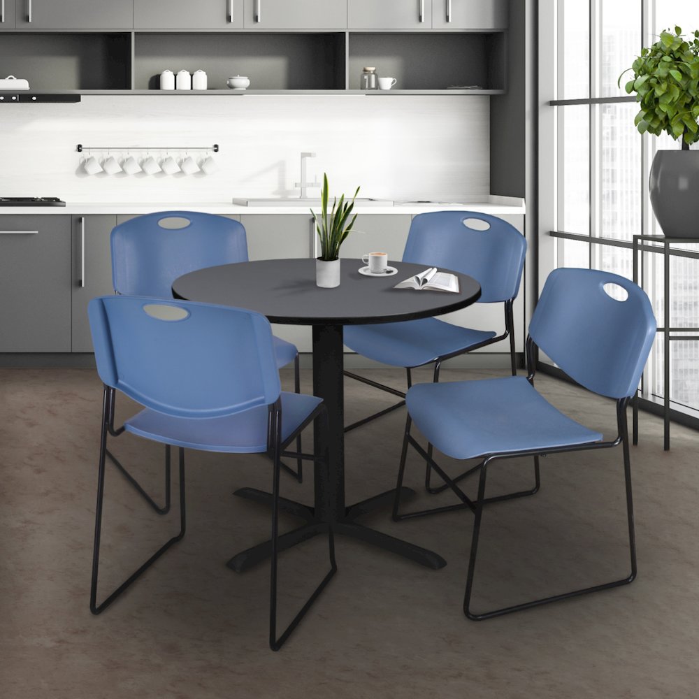 Small 30 in. Round X-Base Breakroom Table- Grey & 4 Zeng Stack Chairs- Blue. Picture 8